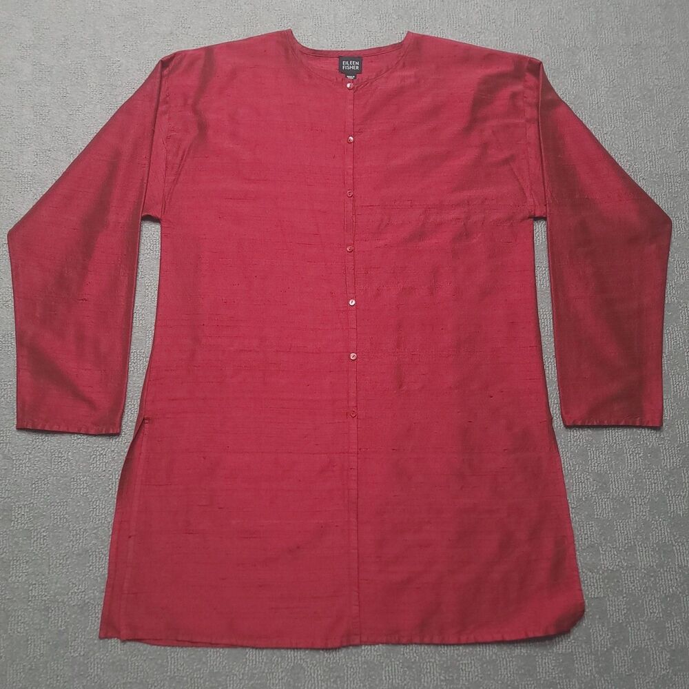 Eileen Fisher Womens S Tunic Silk Textured Button Up Long Sleeve Red Relaxed Top - Picture 3 of 8